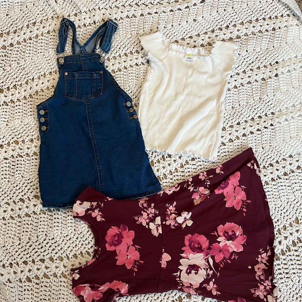 5-6 bib jean dress, white top, and floral dress good preowned condition